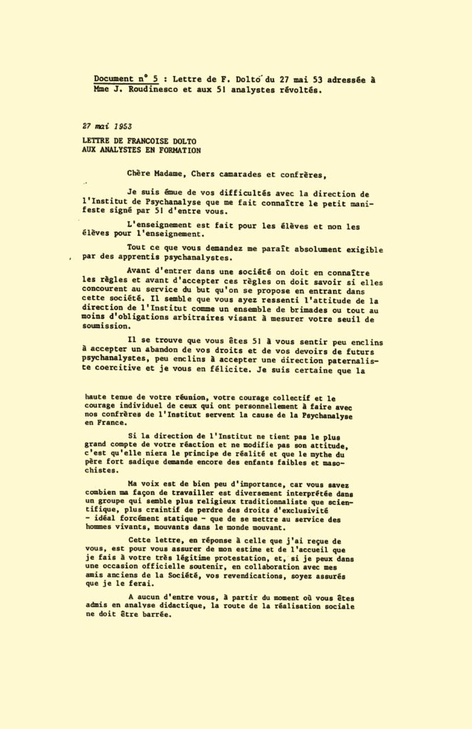 Françoise Dolto carta a los 51 analistas révoltés (rebeldes)