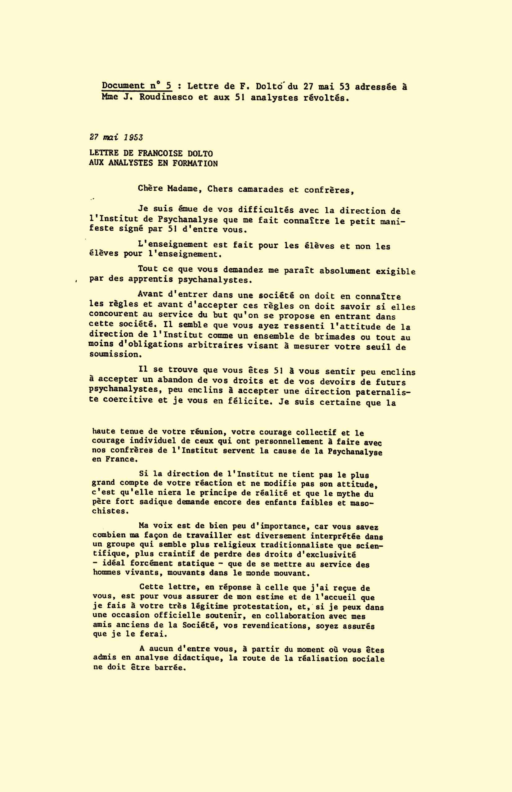 Françoise Dolto carta a los 51 analistas révoltés (rebeldes)